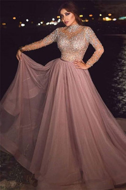 Shop Annakoo 2022 Pink Heavy Bead Luxury High Neck Long Sleeve Tulle Sheer Prom Formal Dress Under 398