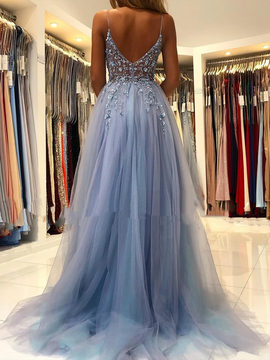 Shop Annakoo 2022 Spaghetti Straps Tulle Blue Appliques Beading A Line Formal Prom Dress Under 179