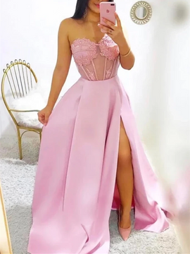 Buy Annakoo 2022 Pink Satin & Tulle See Through Sweetheart A Line Formal Dress With Slit Under 159