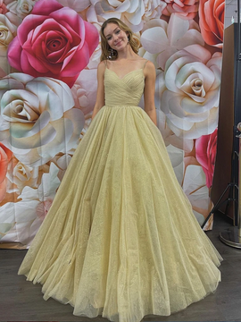 Shop 2022 Annakoo Yellow Tulle Sequin Spaghetti Straps Ruched Cross Criss Formal Prom Dress Under 159