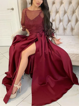Shop 2022 Burgundy Satin Appliques Long Sleeve Scoop Two Piece Formal Prom Dress Under 159