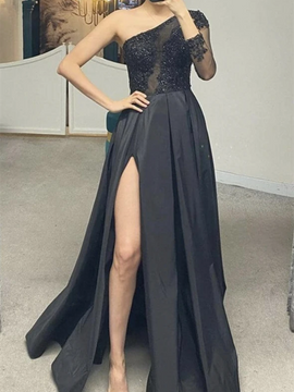 Shop 2022 One Shoulder Appliques Long Sleeve Satin A Line Prom Dress With Slit Under 149
