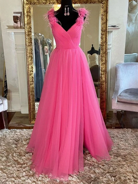 Shop Annakoo 2022 Hot Pink Tulle Feather V Neck A Line Backles Prom Dress Under 148