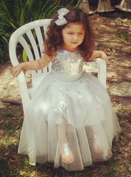 Jewel Tea-Length Simple Silver Tulle Sequined Flower Girl Dress