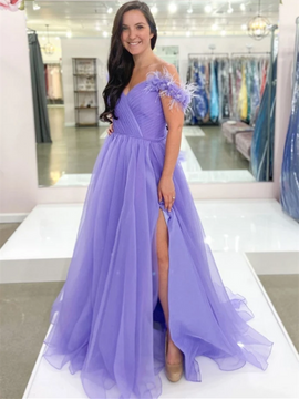 Shop 2022 Light Purple Off The Shoulder Feather Ruched Tulle Prom Dress With Slit Under 148