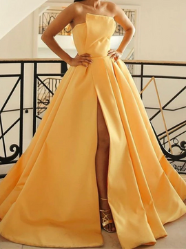 Shop Annakoo 2022 Yellow Strapless Satin Ruched Sexy Long Formal Prom Dress With Slit Under 129