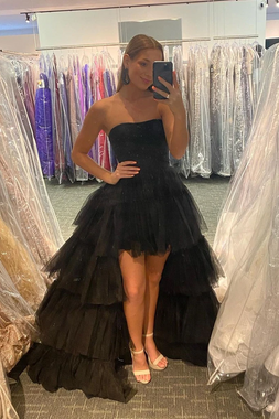 Shop 2022 High Low Strapless Black Bling Bling Tulle Tiered A Line Prom Dress Under 188