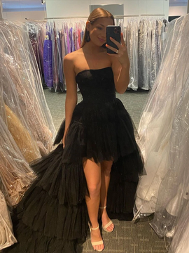 Shop 2022 High Low Strapless Black Bling Bling Tulle Tiered A Line Prom Dress Under 188