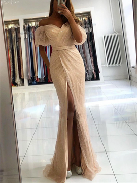 Shop Annakoo 2022 Champagne Tulle Sequin Sparkle Bling Bling Short Sleeves Trumpet Mermaid Prom Dress Under 168