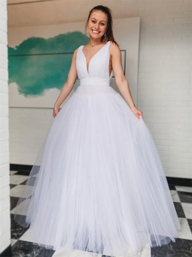 Buy 2022 ANNAKOO White V Neck Tulle Backless Simple Formal Prom Dress Under 129
