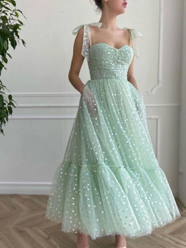 Shop 2022 Fresh Green Polka Dot Straps Tulle Formal Prom Dress Under 168