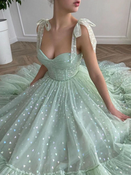 Shop 2022 Fresh Green Polka Dot Straps Tulle Formal Prom Dress Under 168