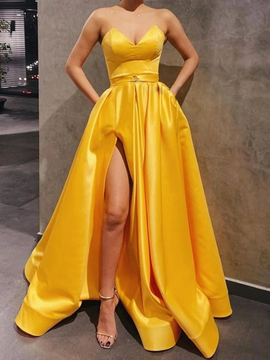 Shop 2022 Yellow Sweetheart Satin Belt A Line Formal Prom Dress With Pockets Under 129