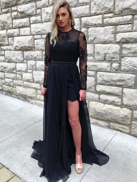 Shop Annakoo 2022 Long Sleeve High Low Black Backless Detachable Train Lace Formal Prom Dress Under 149