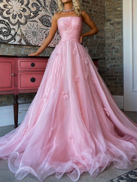 Shop Annakoo 2022 Pink Ruched Tulle Flower Strapless Flower A Line Prom Formal Dress Under 188