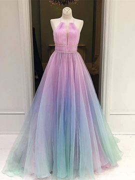 Shop 2022 Annakoo Halter A Line Ombre Tulle Backles Beading Long Prom Dress Under 228