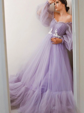 Shop 2022 ANNAKOO Light Purple Tulle Off The Shoulder Appliques Long Sleeve Prom Dress Under 149