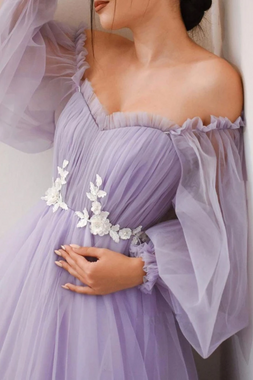 Shop 2022 ANNAKOO Light Purple Tulle Off The Shoulder Appliques Long Sleeve Prom Dress Under 149