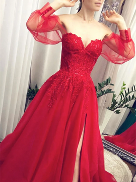 Shop 2022 Annakoo Red Tulle Long Sleeve Sweetheart Long Formal Prom Dress Up To 80% Off
