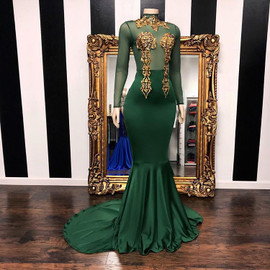 Green Mermaid High Neck Tulle Appliques Spandex Prom Dress