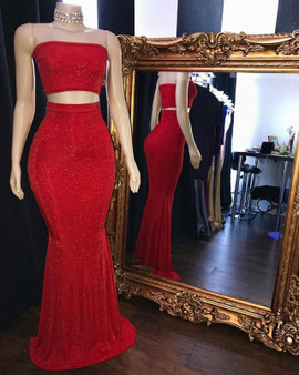 Shop 2022 Annakoo Red Two Piece Strapless Sequin Sheath Column Spandex Prom Dress Under 125