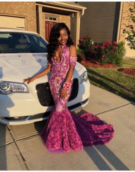 Shop 2022 Purple Halter Mermaid Keyhole 3D Flower Cold Shoulder Prom Formal Dress Under 129