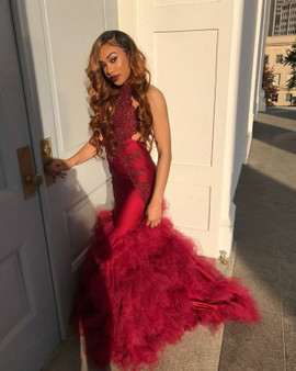 Shop 2022 ANNAKOO Burgundy Lace Halter Backless Long Sweep Train Ruffles Prom Formal Dress Under 234