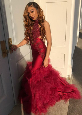 Shop 2022 ANNAKOO Burgundy Lace Halter Backless Long Sweep Train Ruffles Prom Formal Dress Under 234