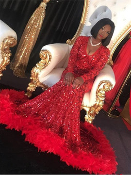 Shop ANNAKOO Red V Neck Long Sleeves Feather Sequin Trumpet Mermaid Prom Formal Dress Under 319