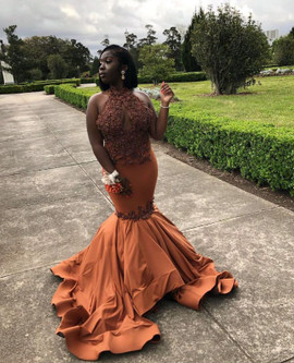 Shop 2022 Annakoo Orange Halter Keyhole Satin Trumpet Mermaid Sleeveless Appliques Prom Dress Under 219