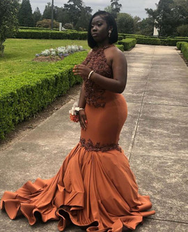 Shop 2022 Annakoo Orange Halter Keyhole Satin Trumpet Mermaid Sleeveless Appliques Prom Dress Under 219