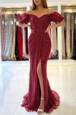 Shop 2022 ANNAKOO Burgundy Off The Shoulder Sequin Puffy Sleeves Trumpet Mermaid Prom Dress Under 145