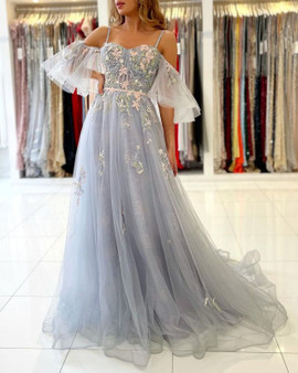 Shop 2022 ANNAKOO Spaghetti Straps Blue Puffy Sleeves Tulle Appliques Prom Formal Dress Under 224