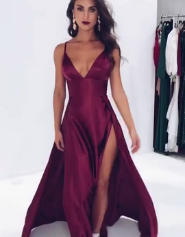 Shop 2021 ANNAKOO V Neck Spaghetti Straps Grape Purple Satin Sexy Prom Formal Dress Under 98