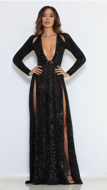 Shop 2021 Annakoo Black Sequins Cut Out Long Seeve Slit Sexy Prom Dress Under 139