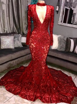 Shop 2021 Long Sleeve Deep V Neck Trumpet Mermaid Red Sexy Prom Dress Under 328