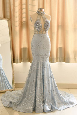 Shop 2021 ANNAKOO  Luxury Beading Halter Backless Sequin Gray Sliver Trumpet Mermaid Prom Dress Under 298