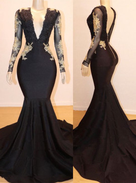 Shop 2021 ANNAKOO Long Sleeve Gold Appliques Black Spandex Trumpet Mermaid Prom Dress Under 219