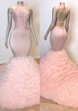 Shop 2022 Annakoo Pink Halter Backless Tulle Beading Trumpet Mermaid Formal Prom Dress Under 325