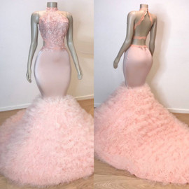 Shop 2022 Annakoo Pink Halter Backless Tulle Beading Trumpet Mermaid Formal Prom Dress Under 325