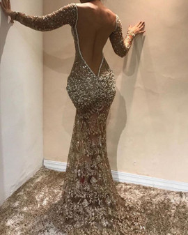 Shop 2022 Gold Long Sleeves Backless Trumpet Mermaid Sparkle Formal Prom Dress Under 239