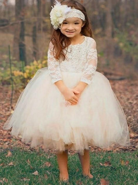 Lace Appliques Ball Gown Scoop White Tulle Flower Girl Dress