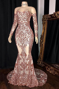 Shop 2022 ANNAKOO Rose Gold Long Sleeves Sheer Neck Sheath Column Prom Formal Dress Under 239