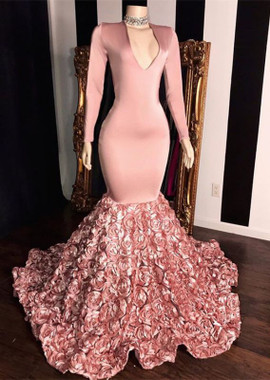 Shop 2022 ANNAKOO Long Sleeve V Neck Rose Flower Spandex Trumpet Mermaid Prom Formal Dress Under 239