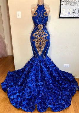 Shop 2022 ANNAKOO Royal Blue Halter Gold Appliques Rose Flower Backless Luxury Formal Prom Dress Under 365