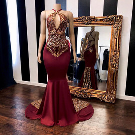 Shop 2022 Annakoo Burgundy Halter Appliques Spandex Trumpet Mermaid Backless Prom Dress Under 245