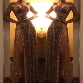 Shop 2022 Annakoo Sequin Gold Off The Shoulder Sparkle Sexy Prom Formal Dress With Slit Under 168