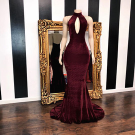 Buy ANNAKOO 2022 Halter Keyhole Velvet Mermaid Backless Sexy Burgundy Prom Dress Under 129