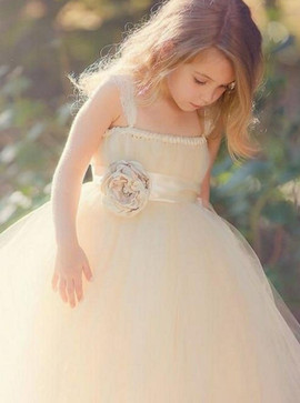 Sash Ball Gown Square Light Champagne Tulle Flower Girl Dress