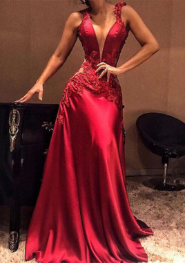 Shop 2022 ANNAKOO Red V Neck Sexy Satin Appliques A Line Formal Prom Dress Under 199